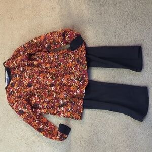 Easy Essentials Two Piece Set Long Sleeve Orange Floral Blouse & Black Pants XL